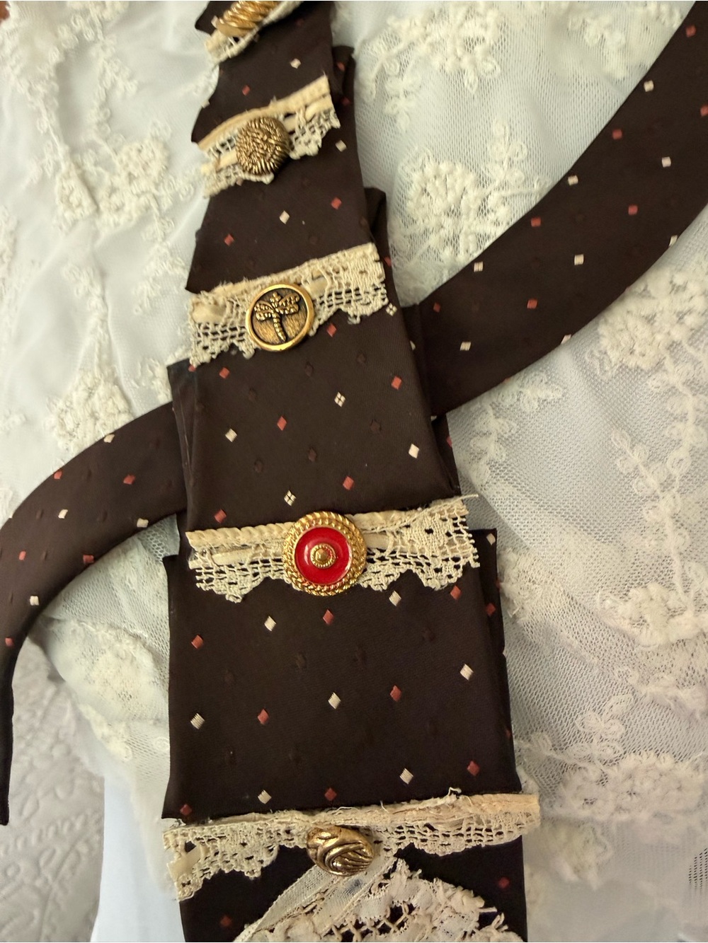 Upcycled Vintage Brown Necktie Art Scarf - Picture 8 of 9